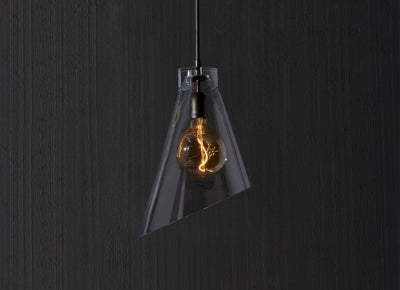 Italian geometric glass pendant light with exposed filament bulb, delivering warm contemporary illumination.