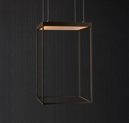 Minimalist Italian cube pendant with open metal frame and warm architectural glow