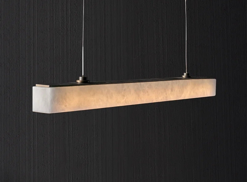 Italian alabaster linear pendant light with warm glow and refined modern elegance