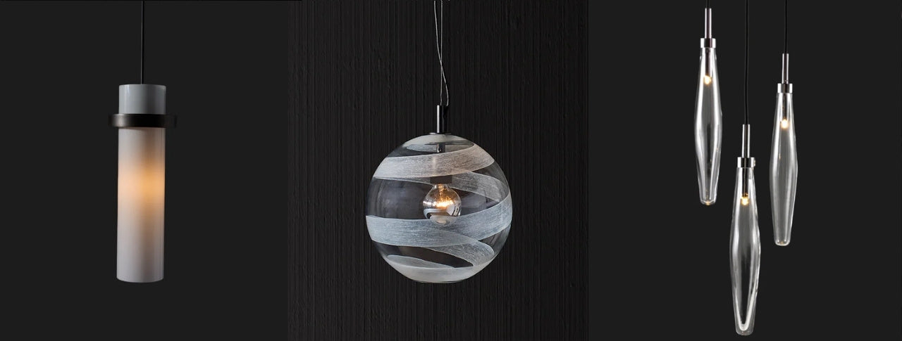 Italian pendant light collection with frosted and sculptural glass designs.