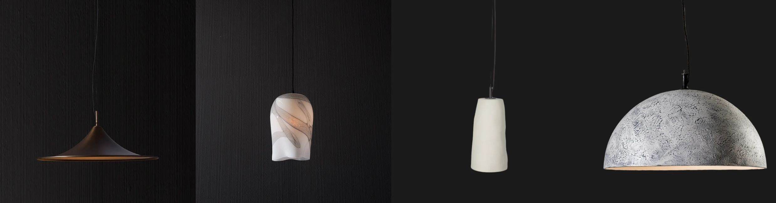 Four modern kitchen pendant lights with varied shapes and textures on dark backgrounds.