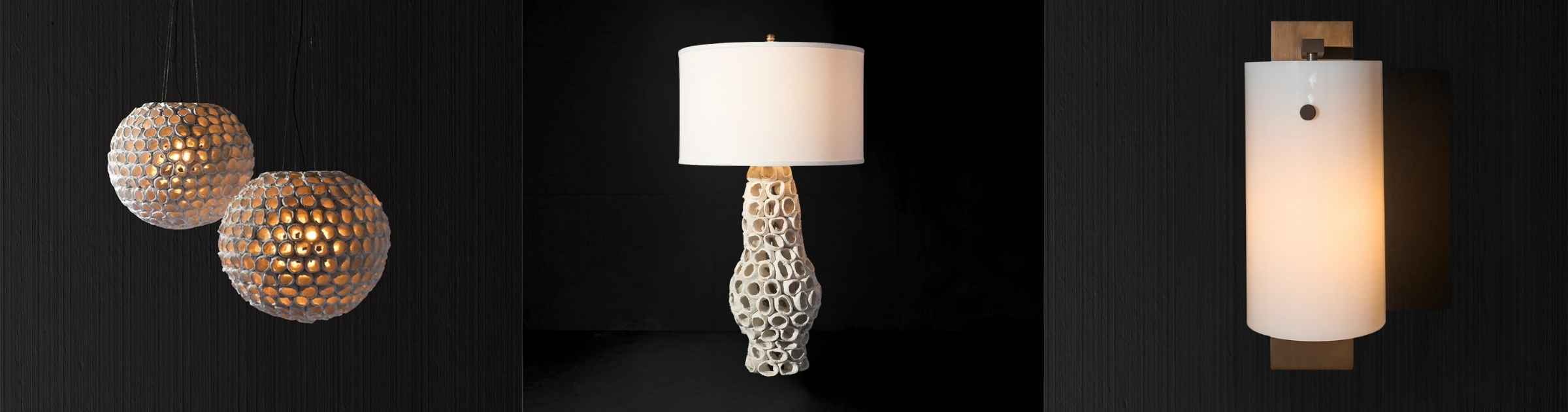 Three distinct luxury lighting fixtures: pendant lights, a table lamp, and a wall sconce.