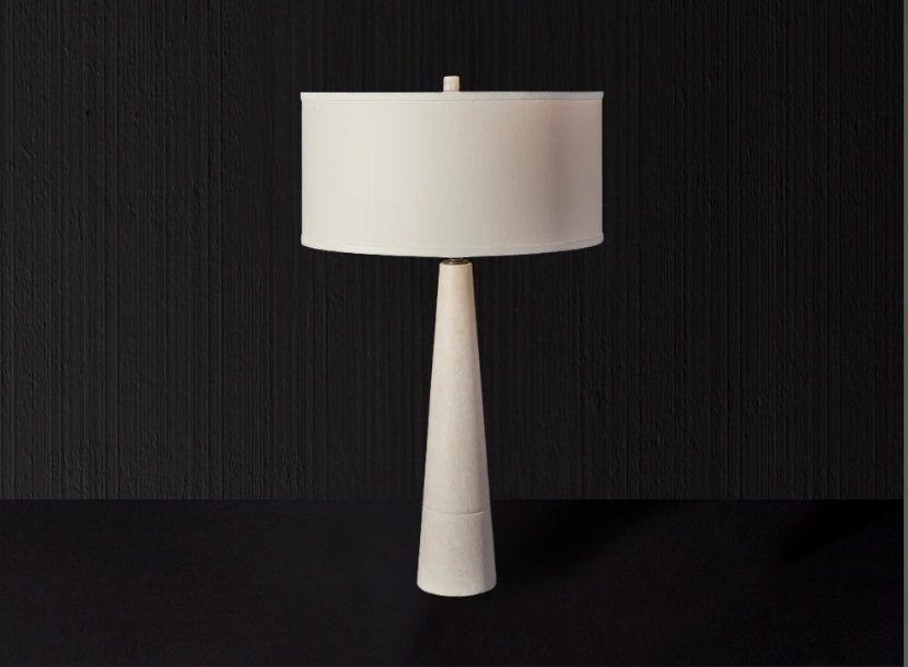 Elegant white table lamp with a white shade from Artisan Lighting Company.