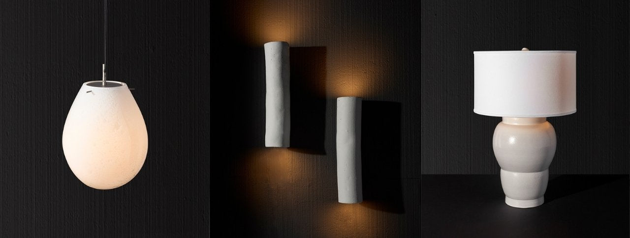 Artisan Lighting Company presents three different lamps alongside a lamp shade, emphasizing unique designs and artistry.