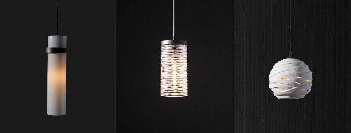 Three bespoke pendant lighting designs with modern sculptural forms and warm illumination.